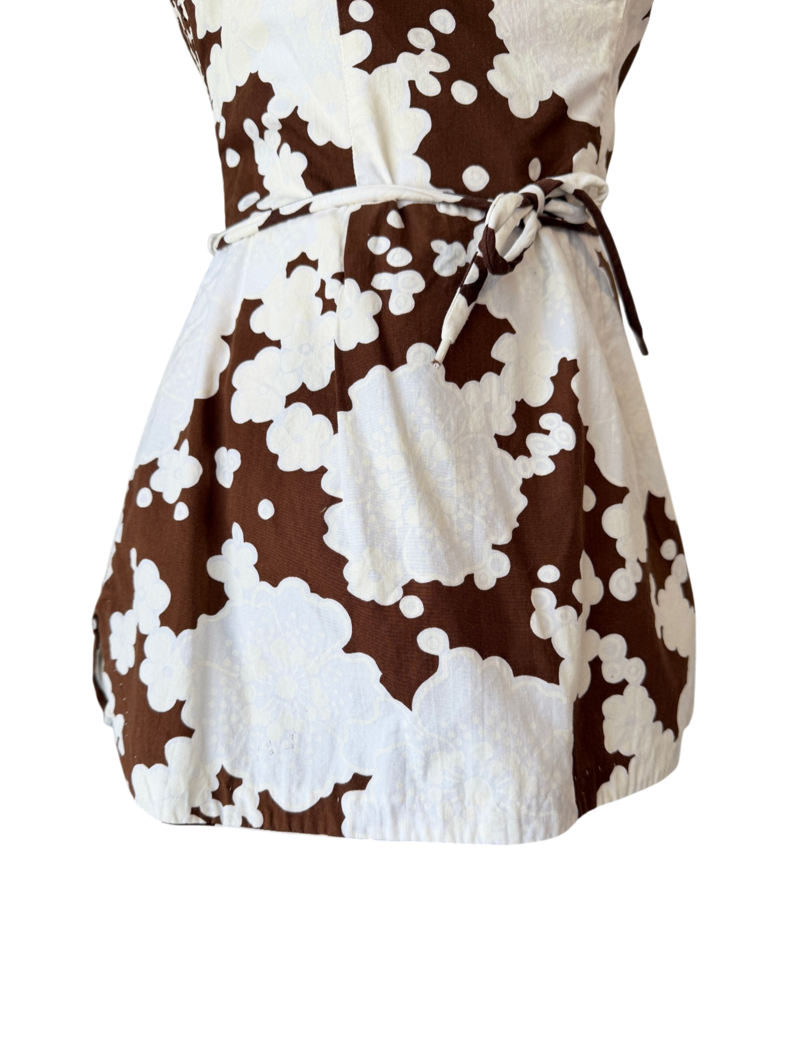 1960s Sears Brown & White Floral Cotton Swimsuit with Rope Belt