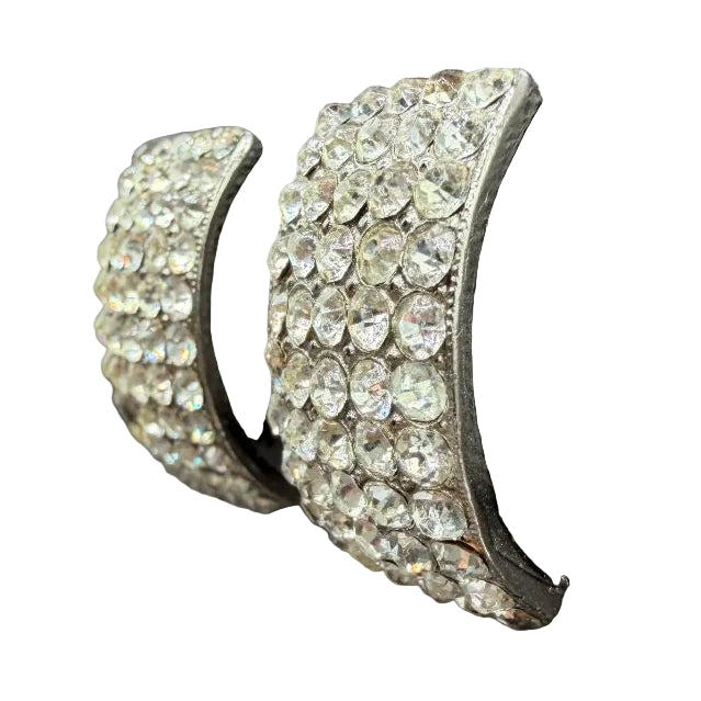 1970s Silver-Tone Clear Rhinestone Pavé Half-Hoop Earrings