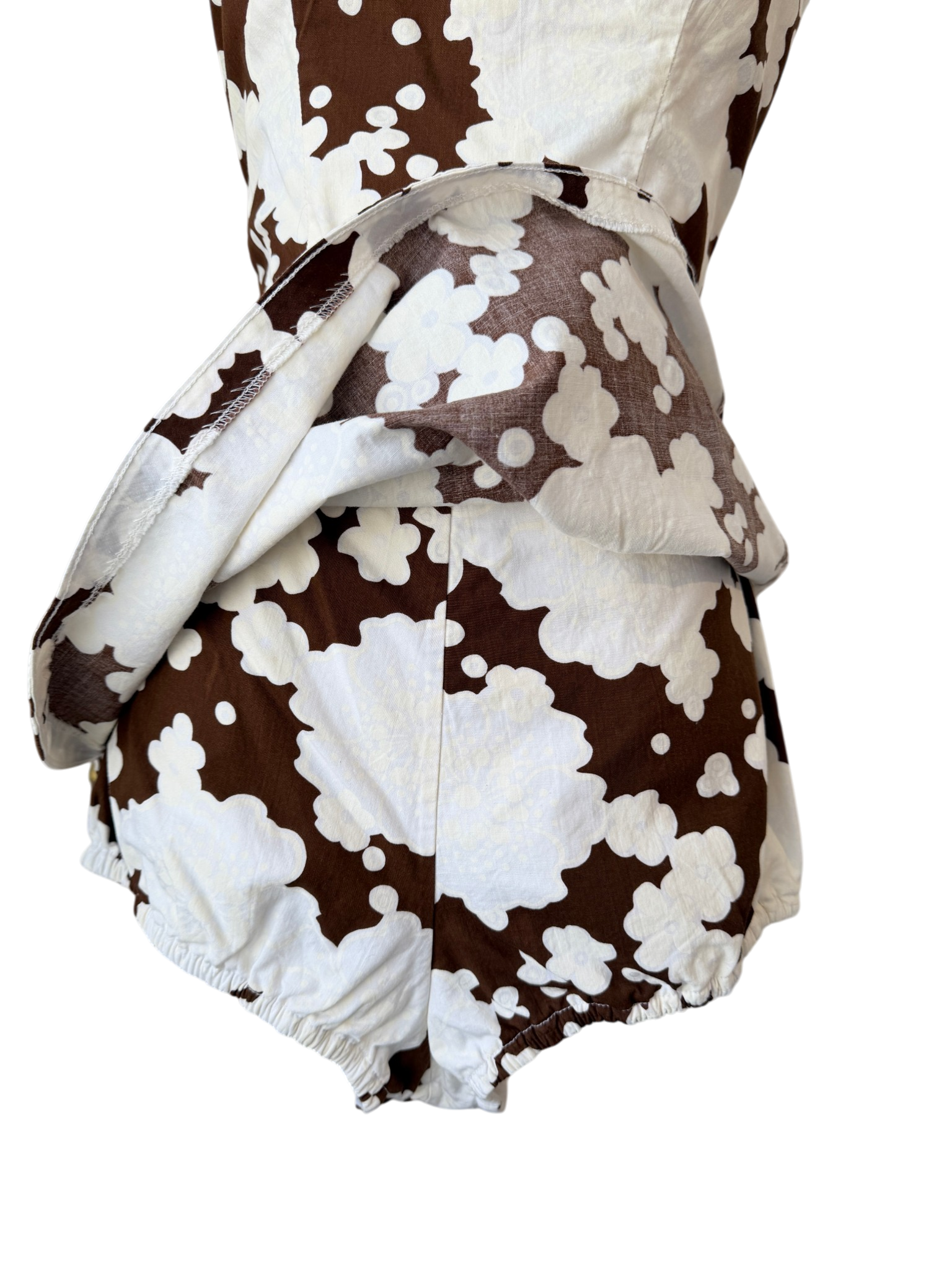 1960s Sears Brown & White Floral Cotton Swimsuit with Rope Belt