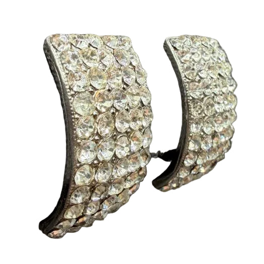 1970s Silver-Tone Clear Rhinestone Pavé Half-Hoop Earrings