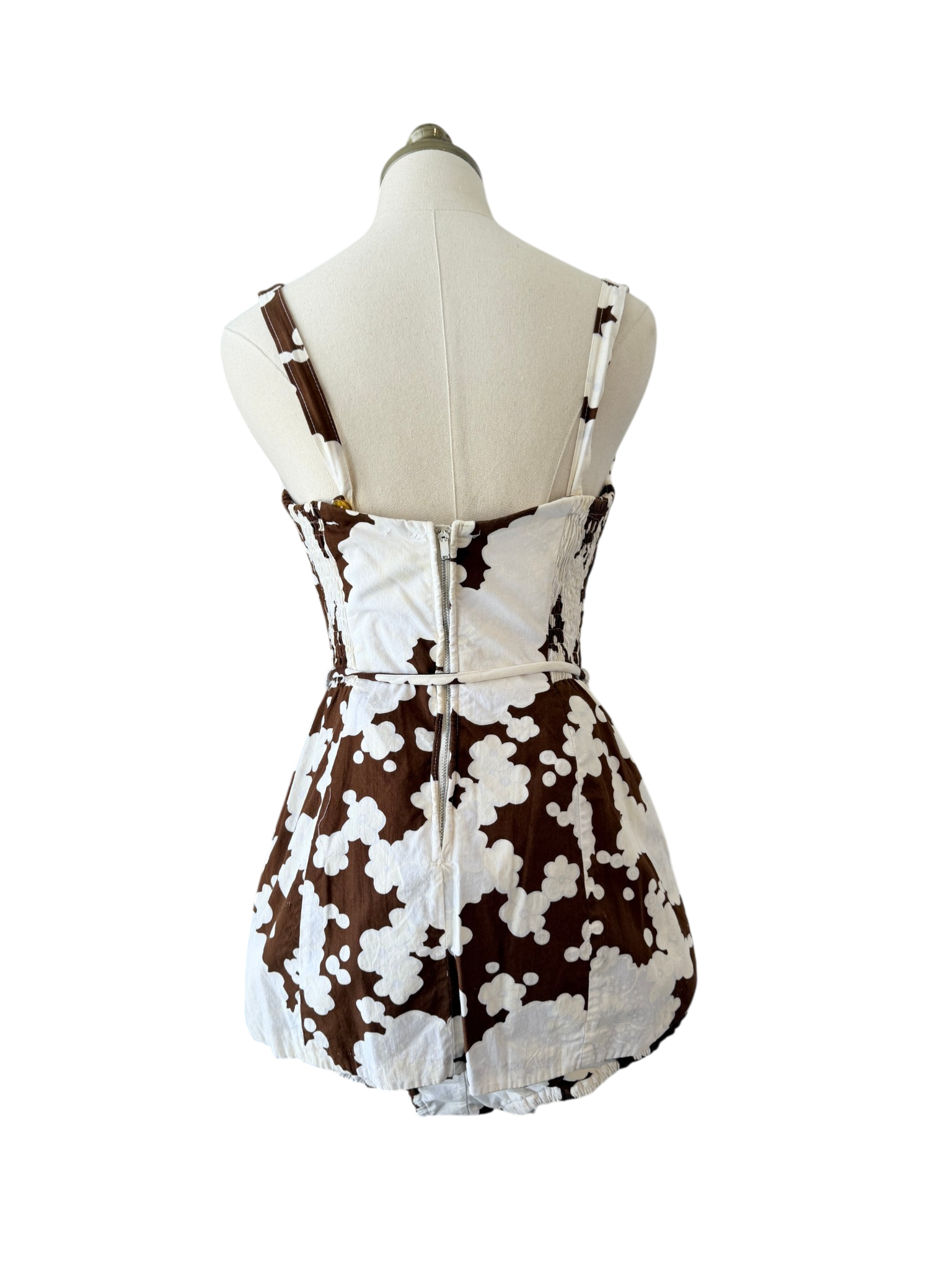 1960s Sears Brown & White Floral Cotton Swimsuit with Rope Belt