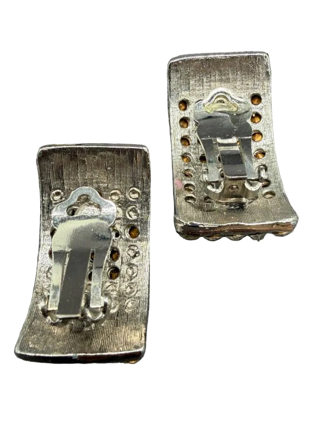 1970s Silver-Tone Clear Rhinestone Pavé Half-Hoop Earrings