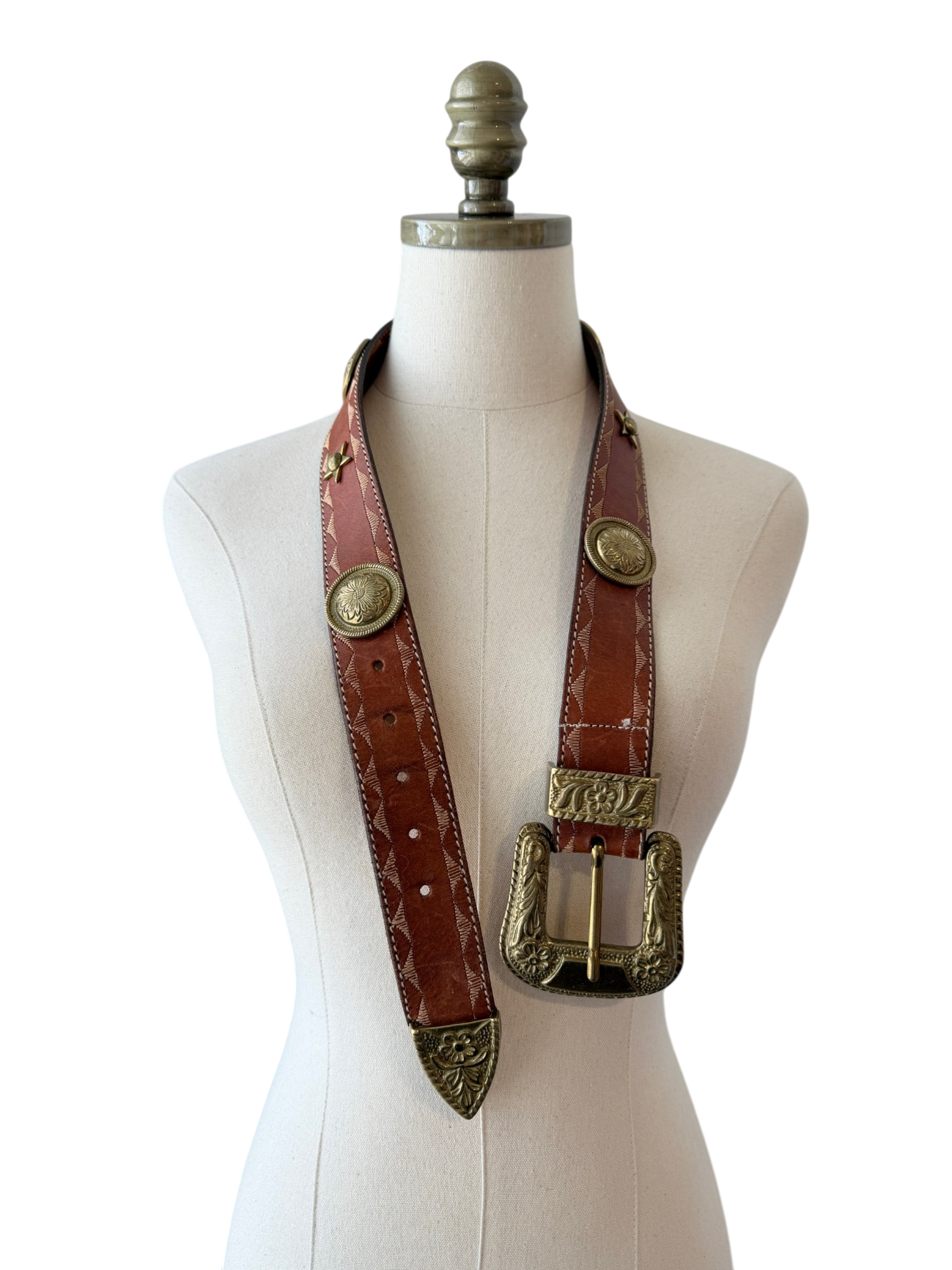 1990s Adoppia Vita Leather Belt with Brass Star &amp; Floral Disc Details
