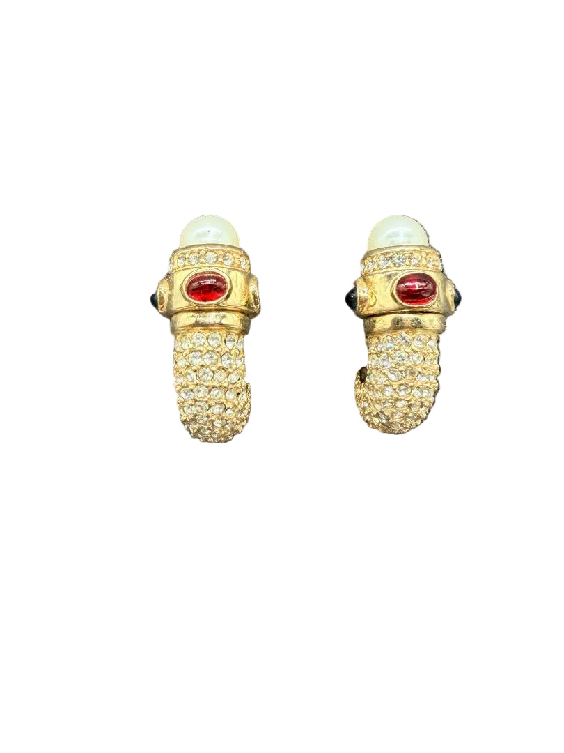 1980s Ciner “Moghul of India” Gold-Tone Shrimp Clip Earrings with Rhinestones, Jewel-Tone Cabochons &amp; Faux Pearls