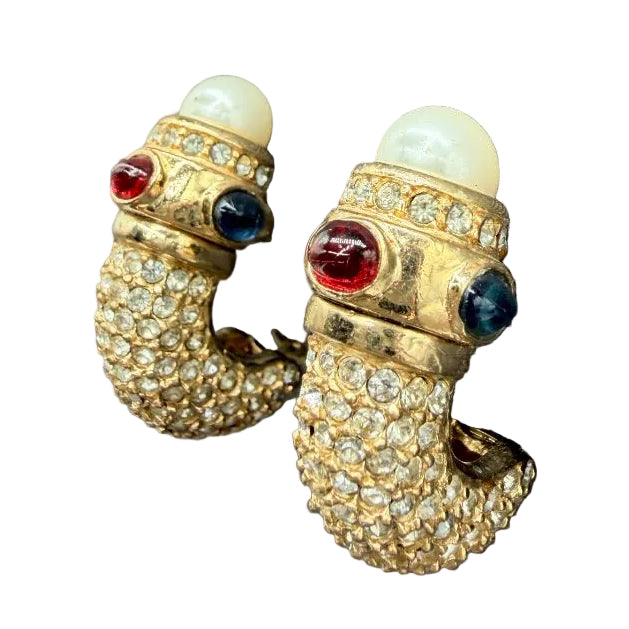 1980s Ciner “Moghul of India” Gold-Tone Shrimp Clip Earrings with Rhinestones, Jewel-Tone Cabochons &amp; Faux Pearls