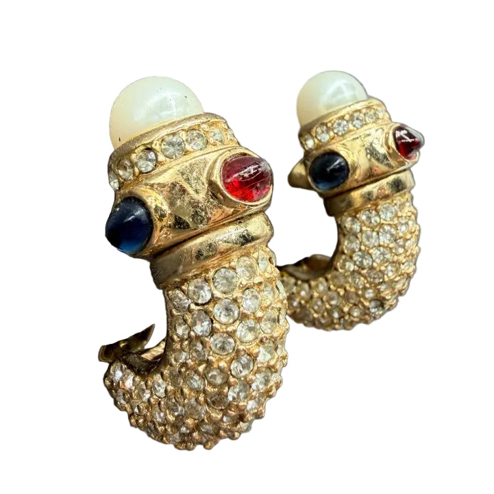 1980s Ciner “Moghul of India” Gold-Tone Shrimp Clip Earrings with Rhinestones, Jewel-Tone Cabochons &amp; Faux Pearls