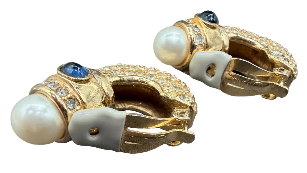 1980s Ciner “Moghul of India” Gold-Tone Shrimp Clip Earrings with Rhinestones, Jewel-Tone Cabochons &amp; Faux Pearls
