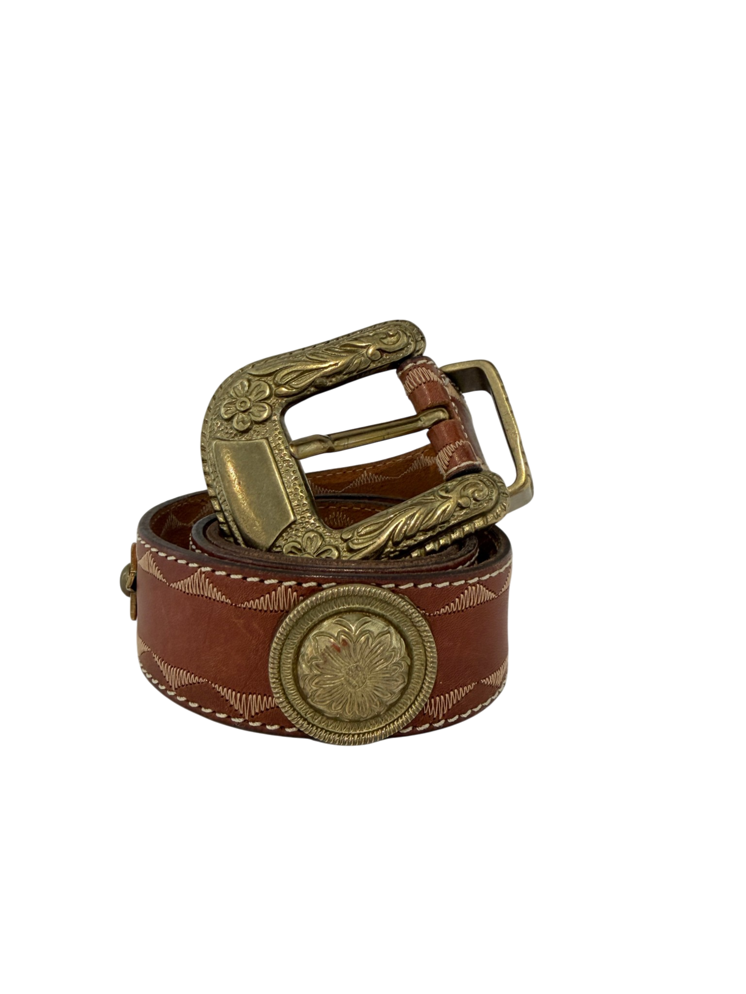 1990s Adoppia Vita Leather Belt with Brass Star &amp; Floral Disc Details