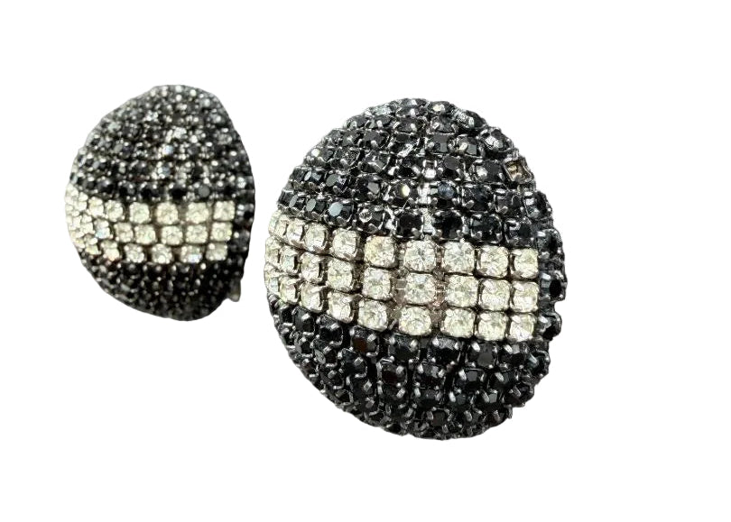 1980s Roxanne Assoulin Black & Clear Rhinestone Pavé Bubble Clip-On Earrings