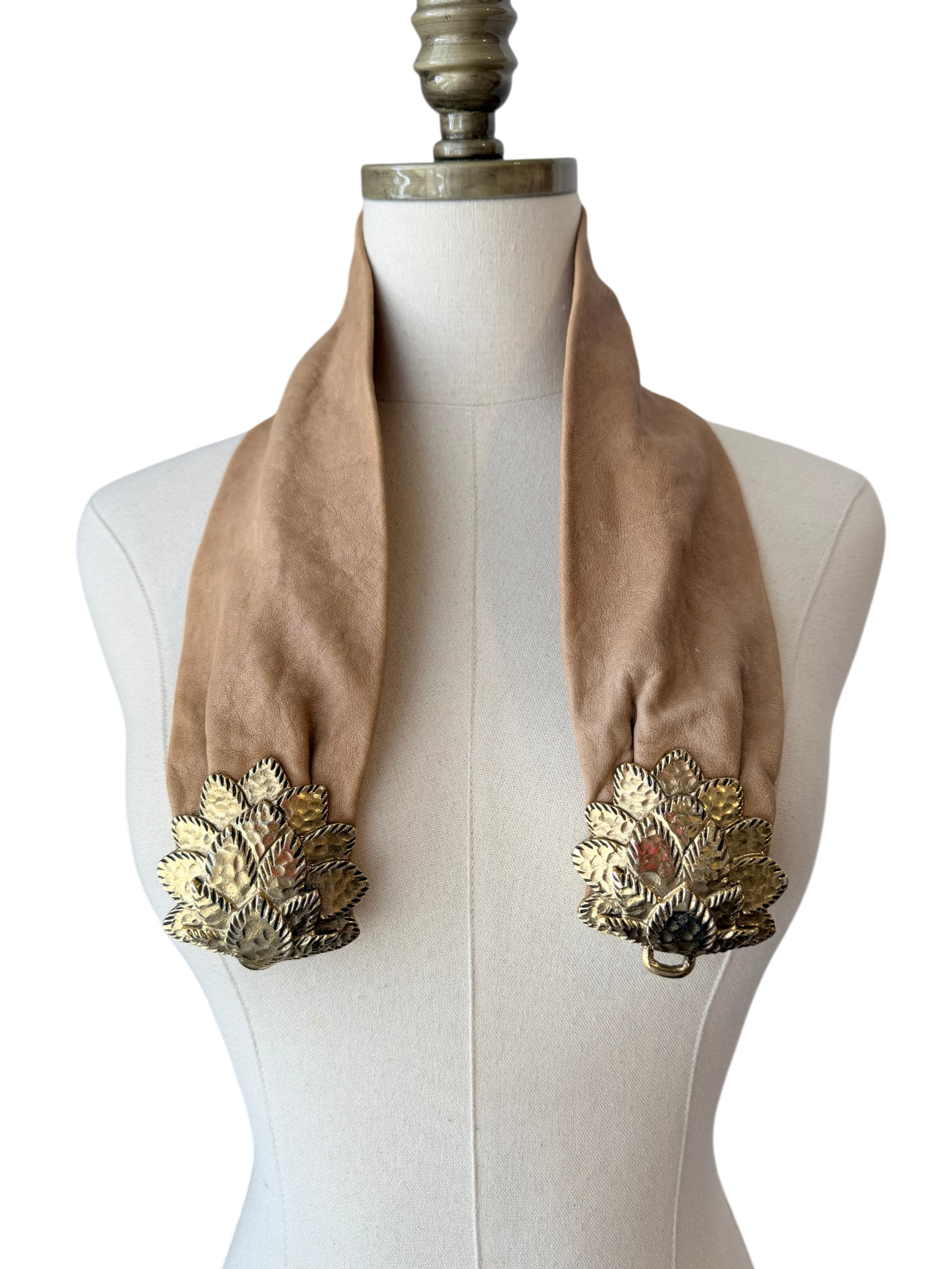 1990s Taupe Leather Belt with Double Latching Gold Feather Buckle