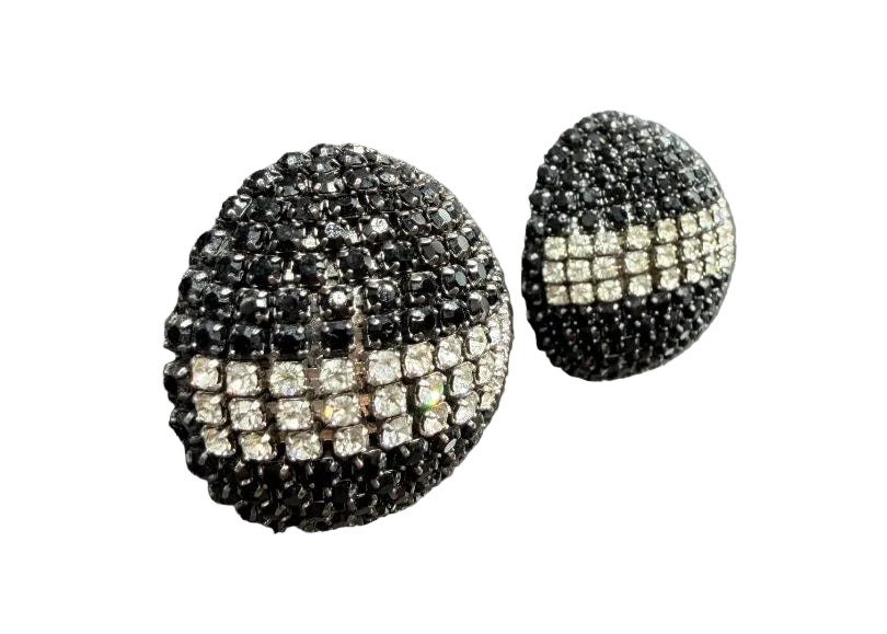 1980s Roxanne Assoulin Black & Clear Rhinestone Pavé Bubble Clip-On Earrings
