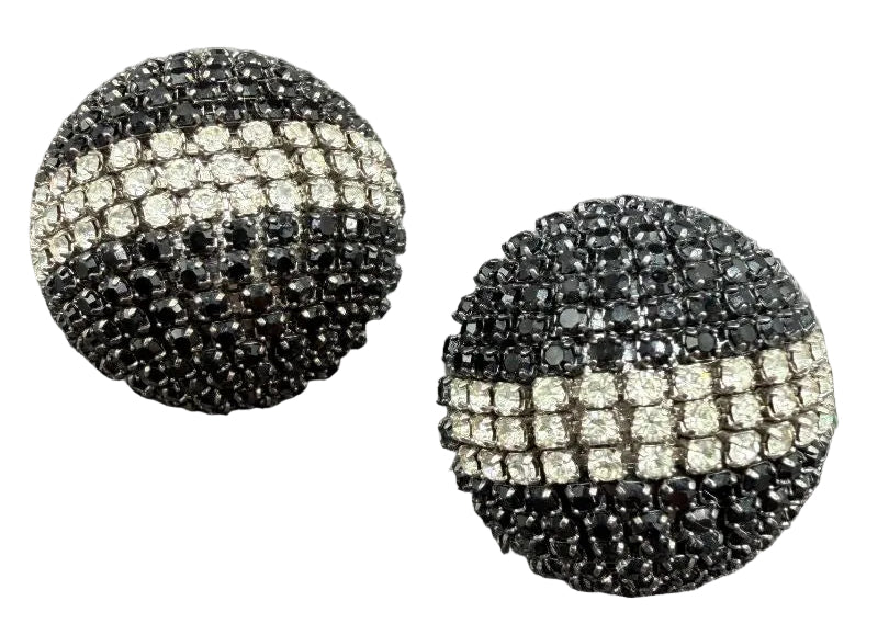 1980s Roxanne Assoulin Black & Clear Rhinestone Pavé Bubble Clip-On Earrings