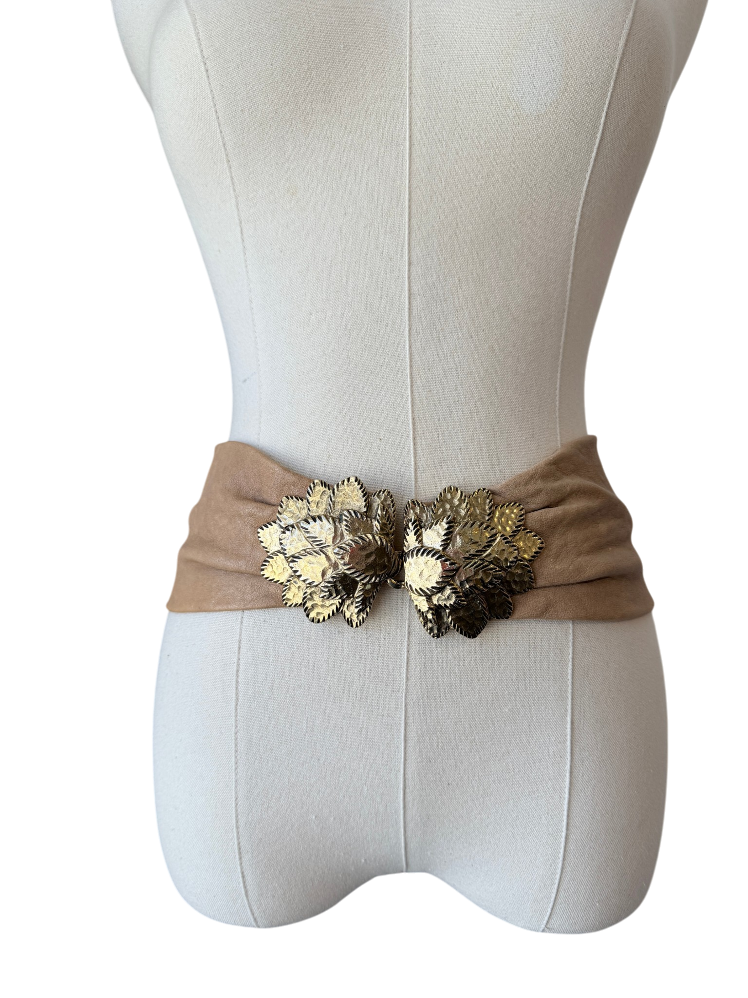 1990s Taupe Leather Belt with Double Latching Gold Feather Buckle