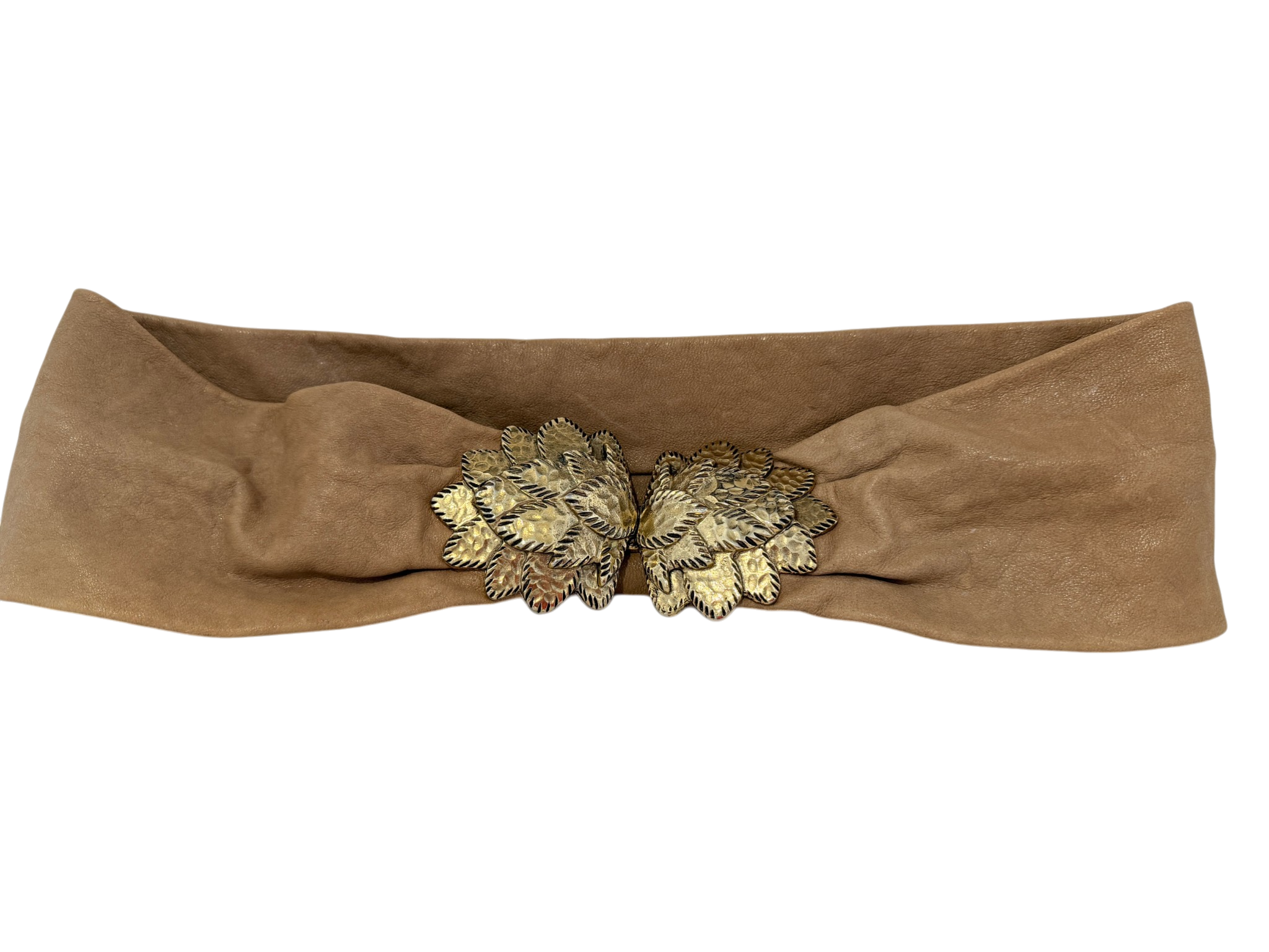 1990s Taupe Leather Belt with Double Latching Gold Feather Buckle