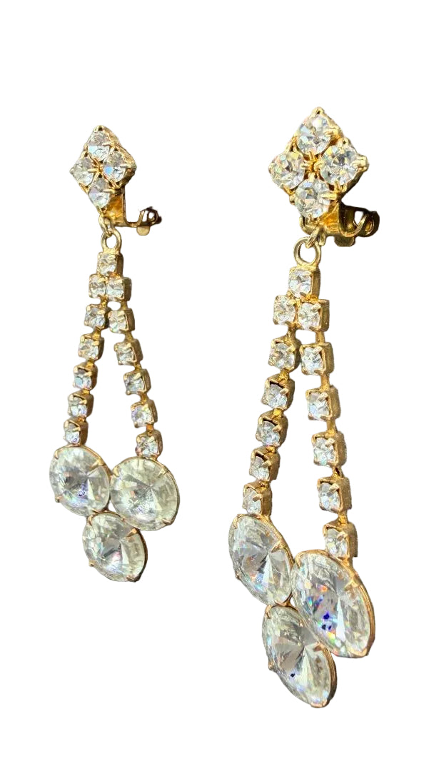 1950s Gold-Tone Clear Rhinestone Clip Earrings with Rivoli Crystal Dangles