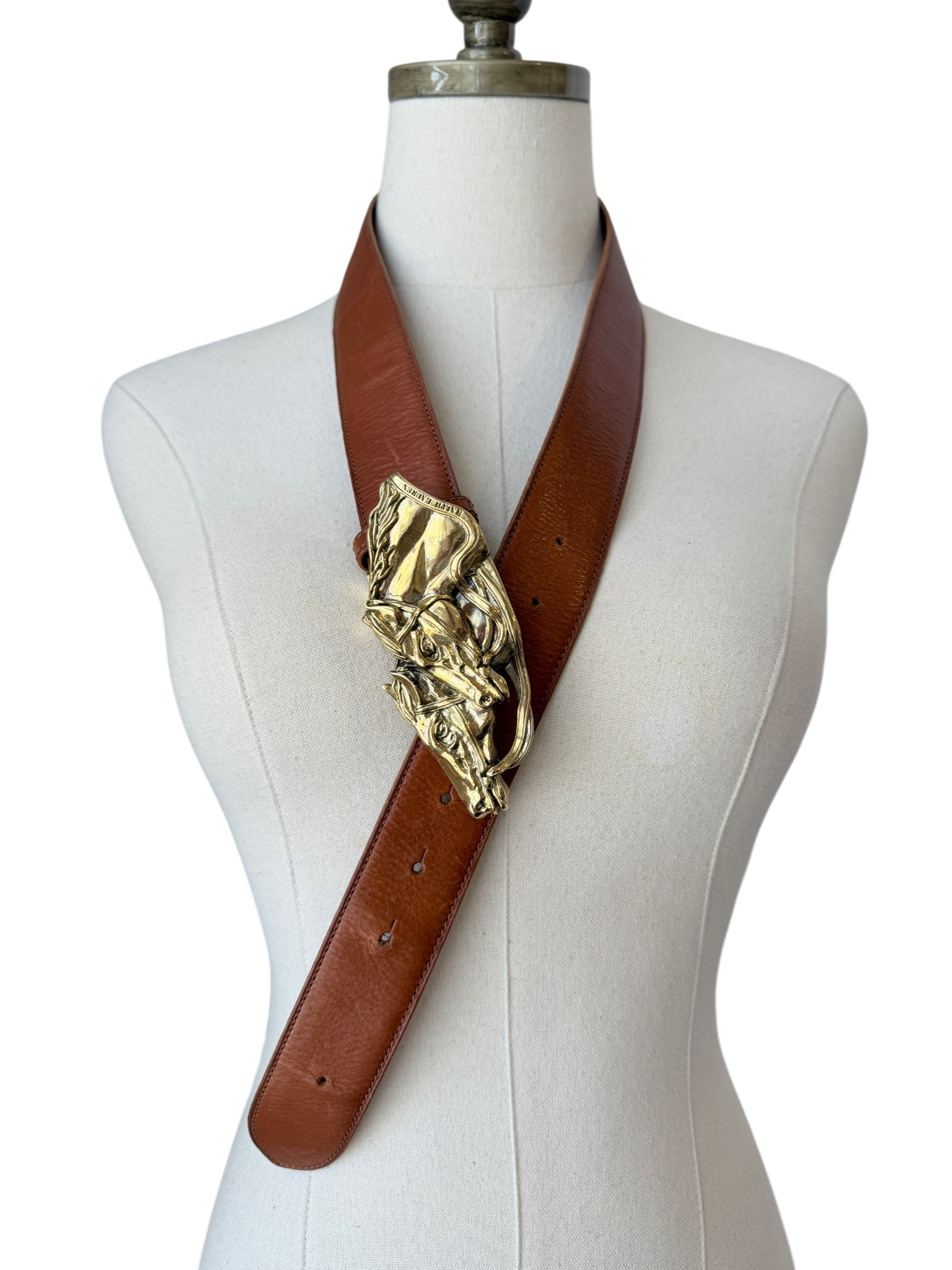 Ralph Lauren Brown Leather Belt with Gold Double Horse Head Buckle