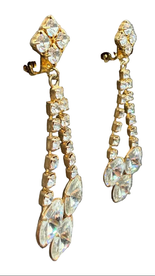 1950s Gold-Tone Clear Rhinestone Clip Earrings with Rivoli Crystal Dangles
