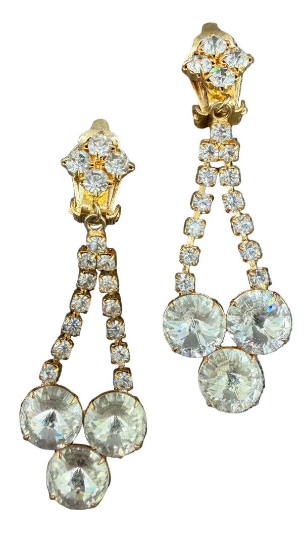1950s Gold-Tone Clear Rhinestone Clip Earrings with Rivoli Crystal Dangles