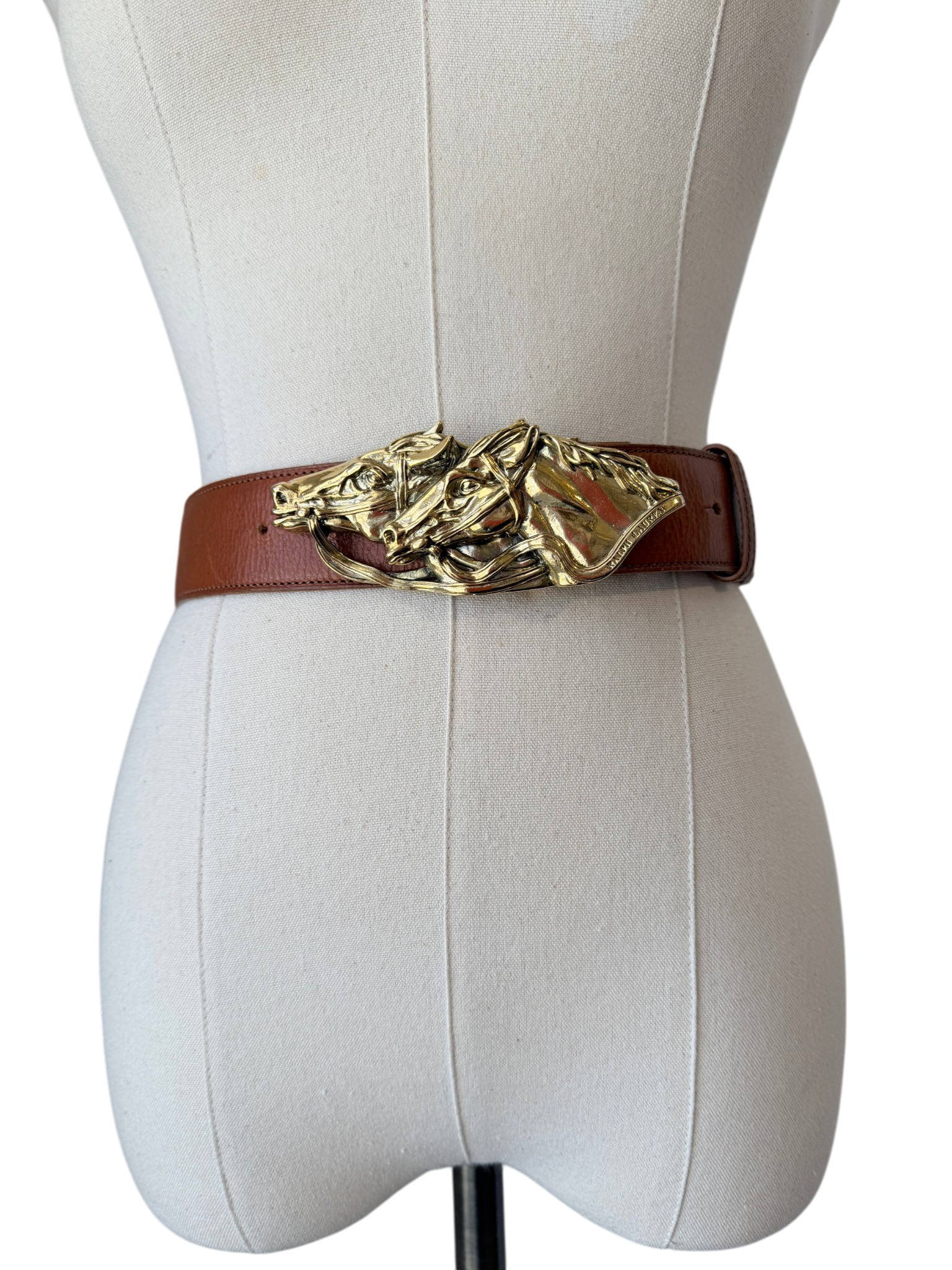 Ralph Lauren Brown Leather Belt with Gold Double Horse Head Buckle