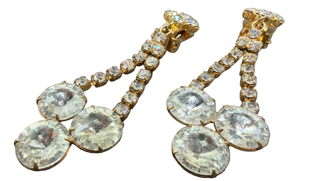 1950s Gold-Tone Clear Rhinestone Clip Earrings with Rivoli Crystal Dangles