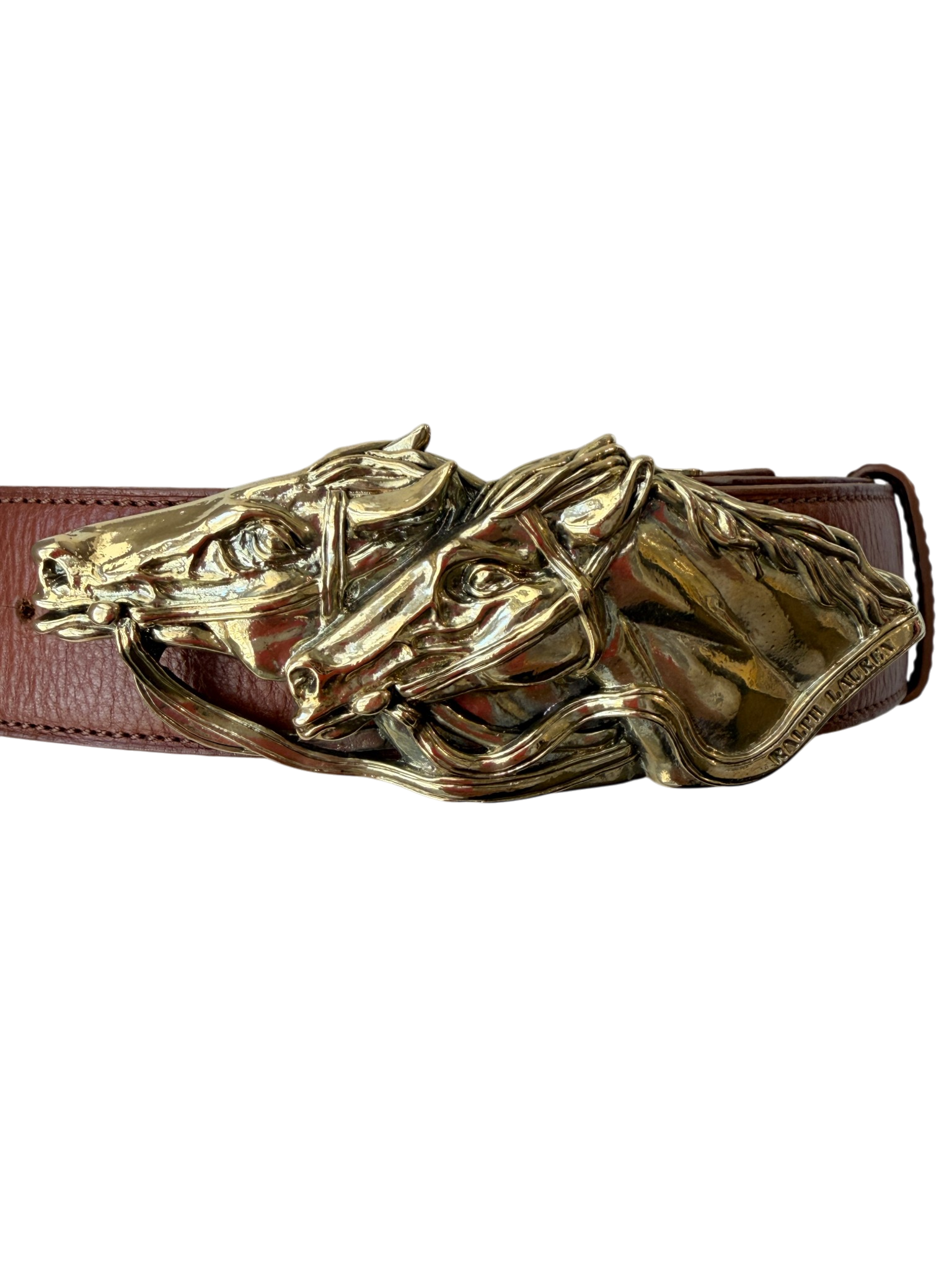 Ralph Lauren Brown Leather Belt with Gold Double Horse Head Buckle