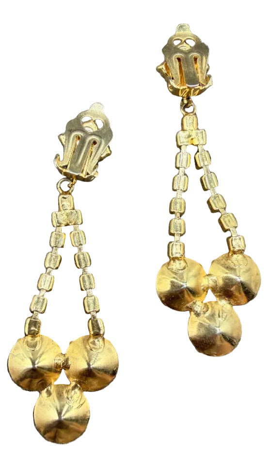1950s Gold-Tone Clear Rhinestone Clip Earrings with Rivoli Crystal Dangles
