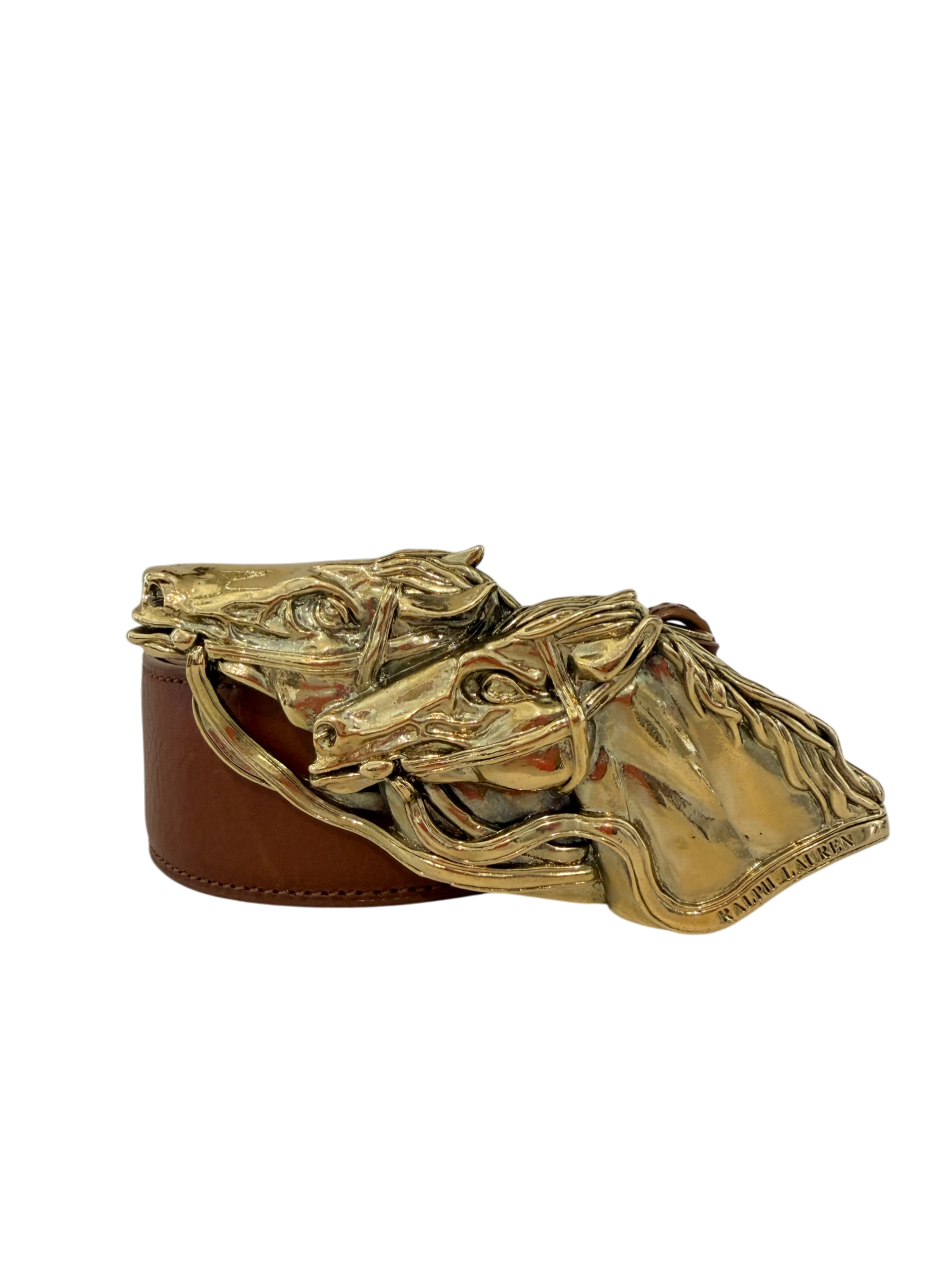 Ralph Lauren Brown Leather Belt with Gold Double Horse Head Buckle