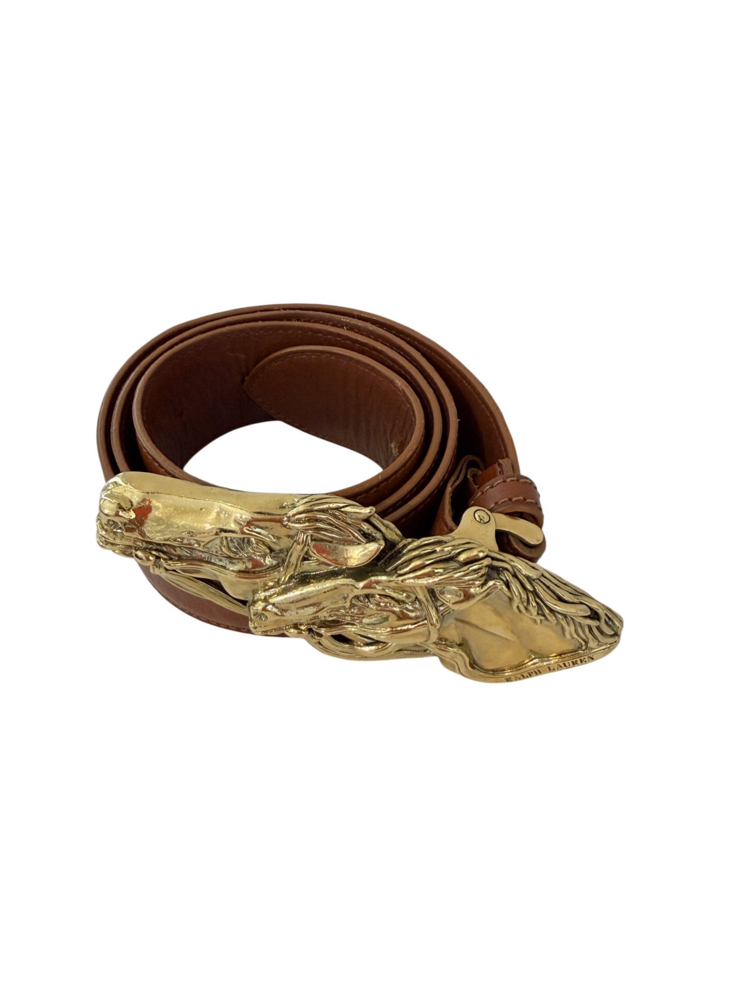 Ralph Lauren Brown Leather Belt with Gold Double Horse Head Buckle