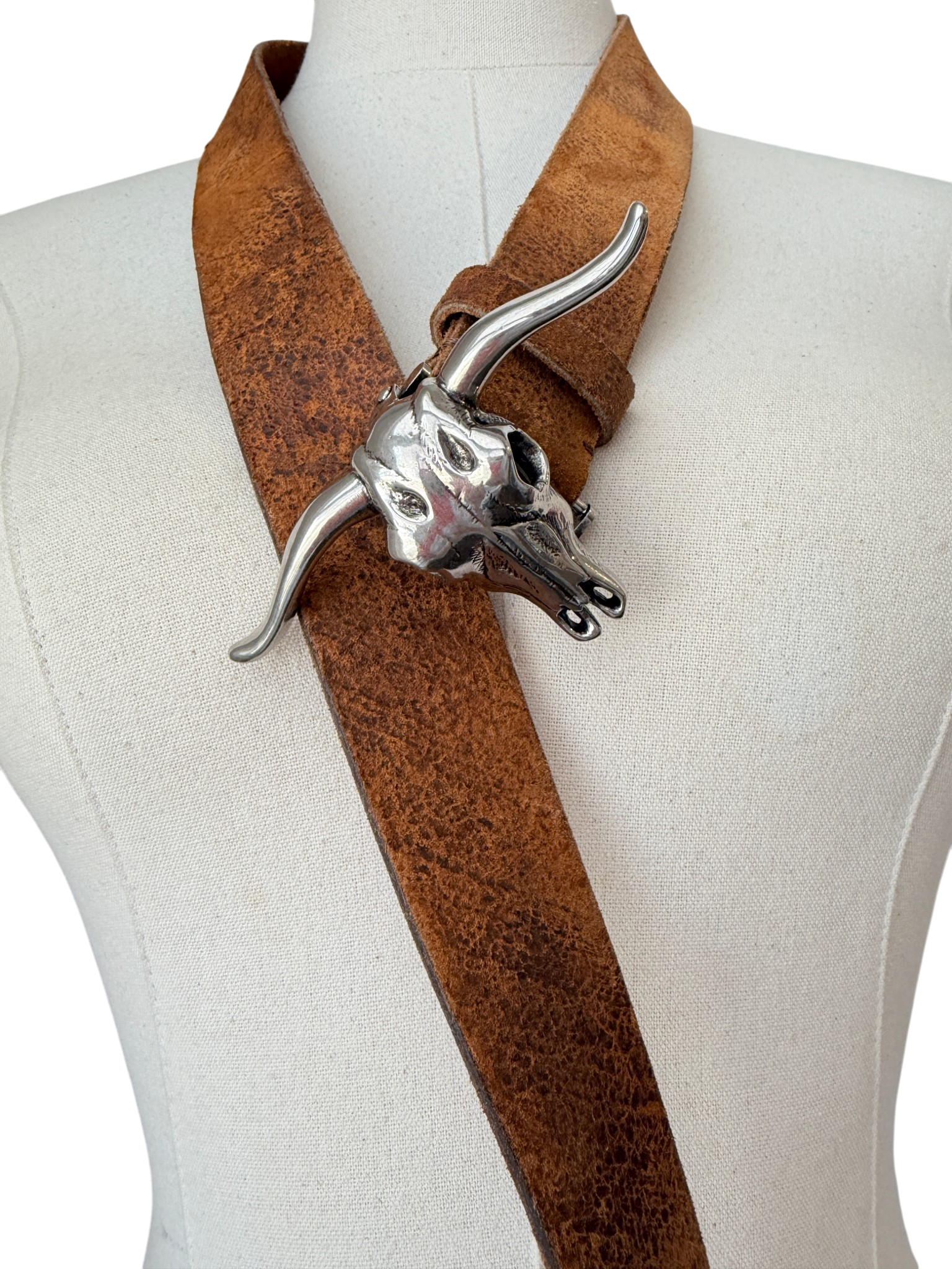1990s Ralph Lauren Brown Leather Belt with Silver Stag Horn Buckle
