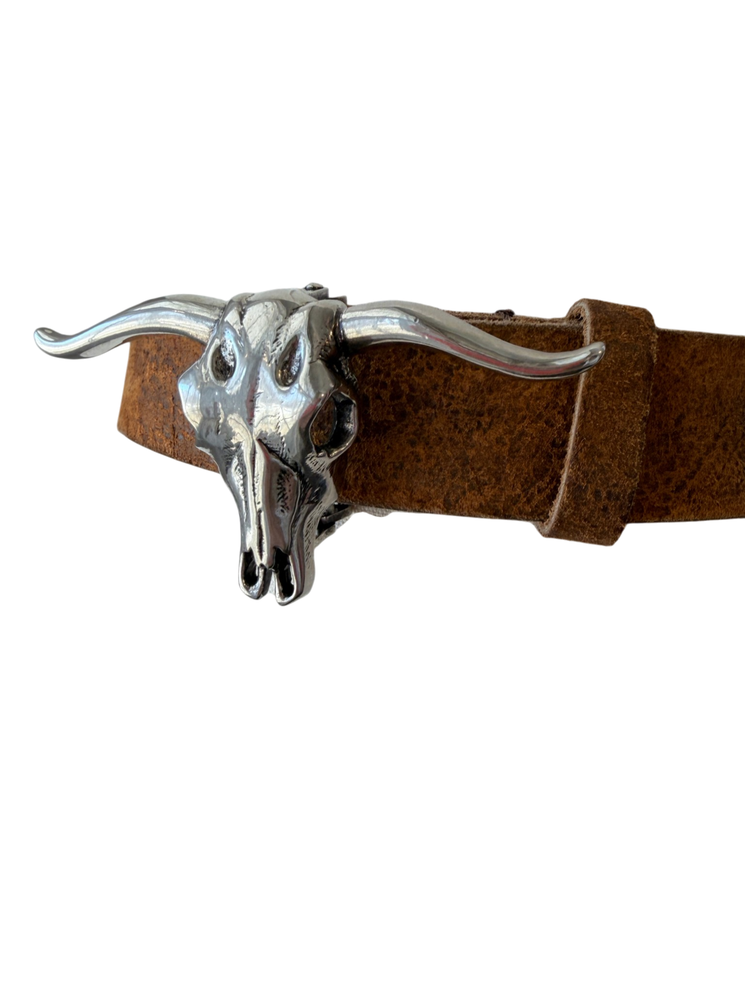 1990s Ralph Lauren Brown Leather Belt with Silver Stag Horn Buckle