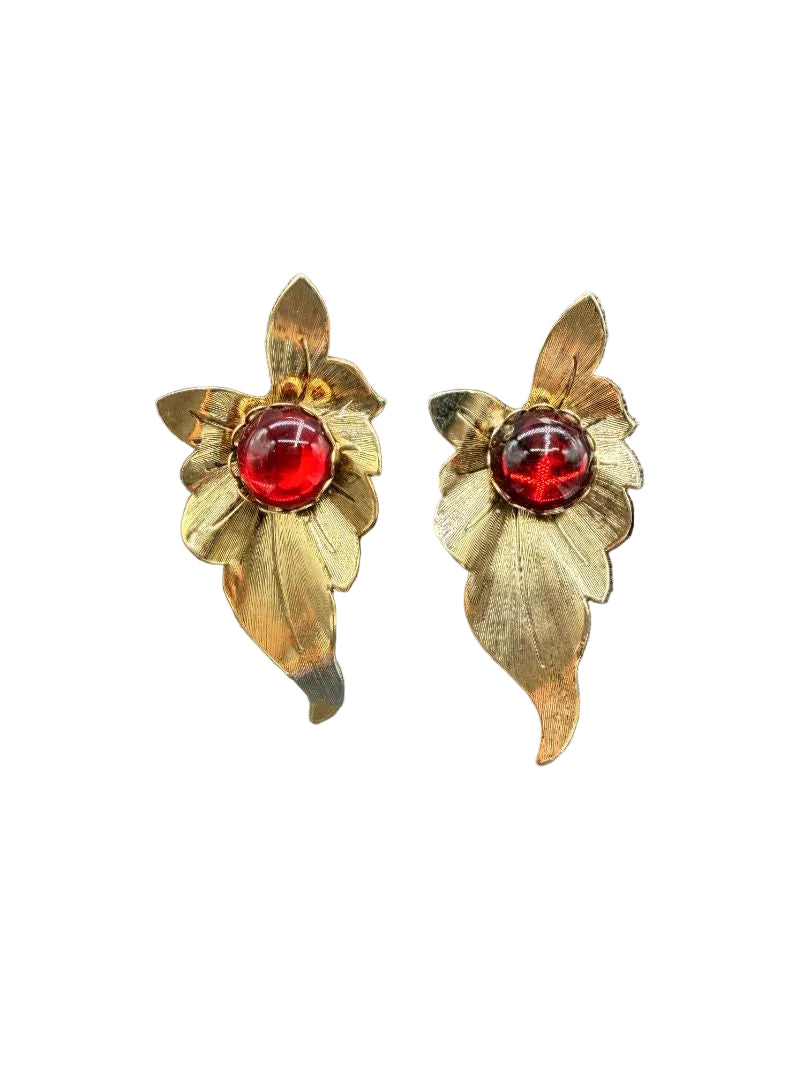 1960s Gold-Tone Textured Leaf Earrings with Red Moonglow Cabochons