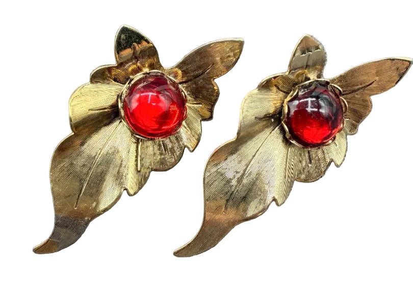 1960s Gold-Tone Textured Leaf Earrings with Red Moonglow Cabochons