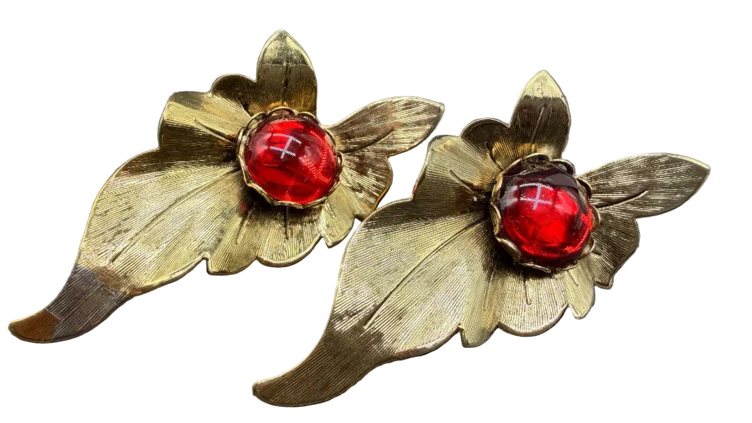 1960s Gold-Tone Textured Leaf Earrings with Red Moonglow Cabochons