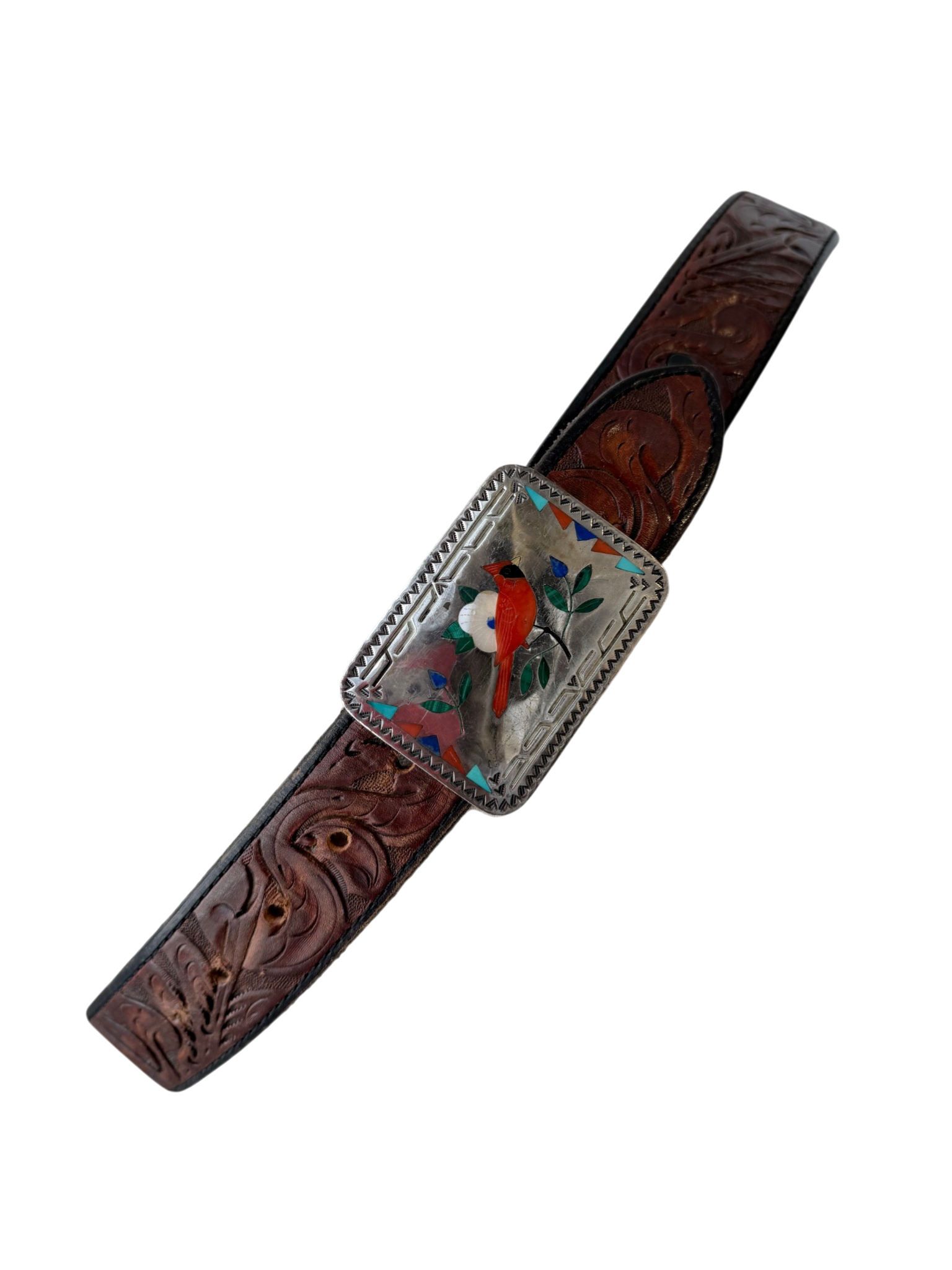 1970s Zuni Sammy & Esther Guardian Sterling Silver Coral Inlay Buckle on J.W. Cooper Hand-Tooled Leather Belt