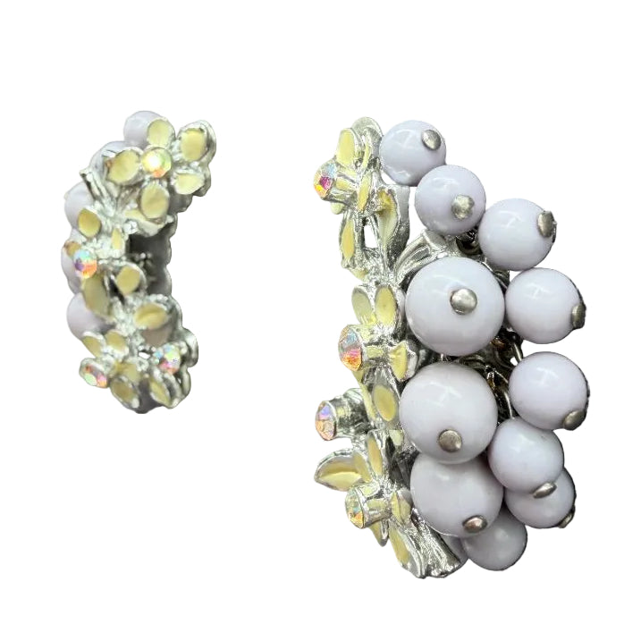 1950s Lavender Bead & Ivory Enamel Floral AB Rhinestone Ear Climber Earrings