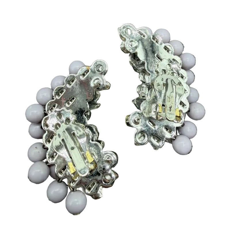 1950s Lavender Bead & Ivory Enamel Floral AB Rhinestone Ear Climber Earrings