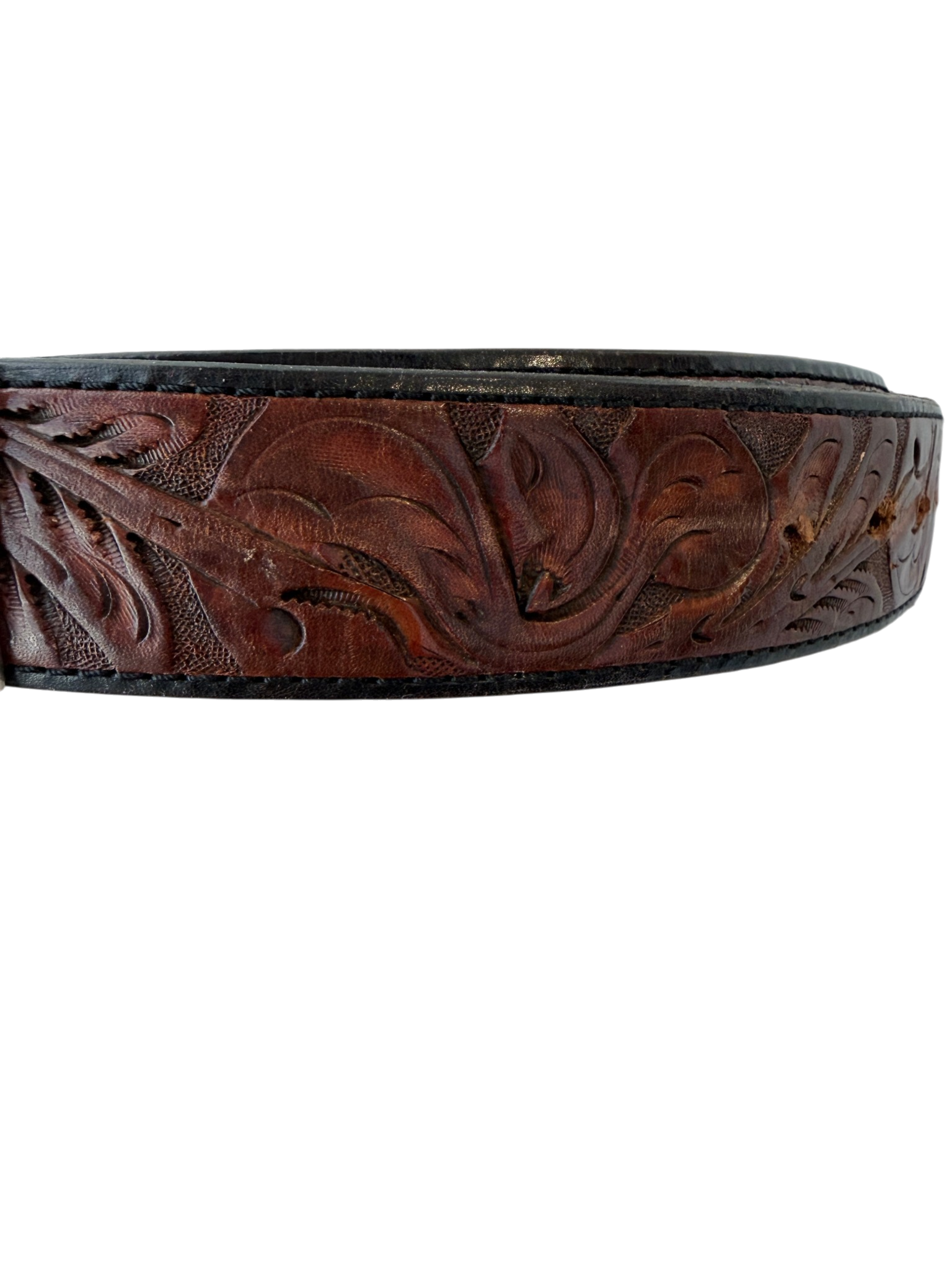 1970s Zuni Sammy & Esther Guardian Sterling Silver Coral Inlay Buckle on J.W. Cooper Hand-Tooled Leather Belt