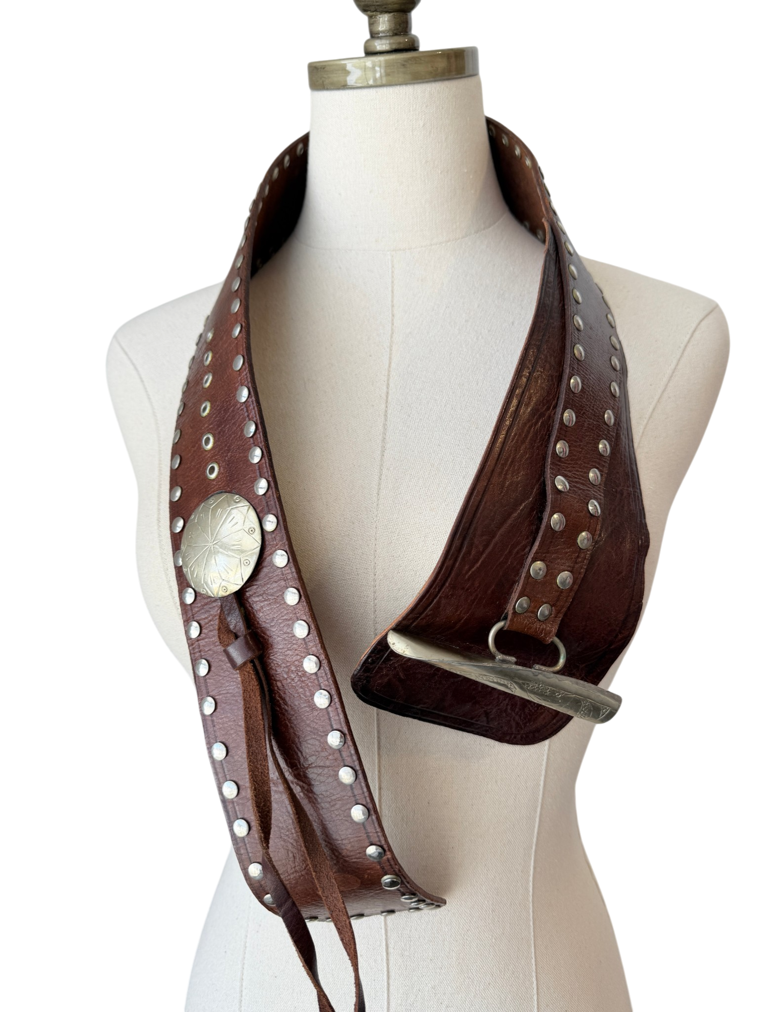 1990s Brown Leather Wide Wrap Belt with Silver Studs and Toggle Buckle