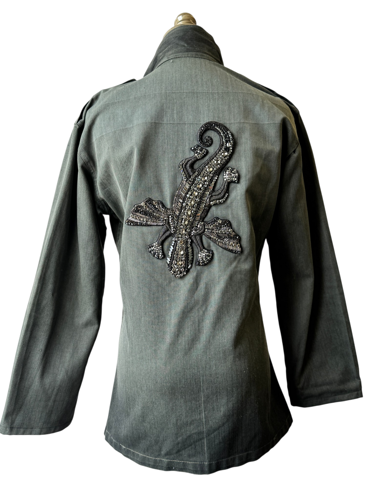 Figue Military-Inspired Embellished Shirt Jacket with Beaded Lizard Back