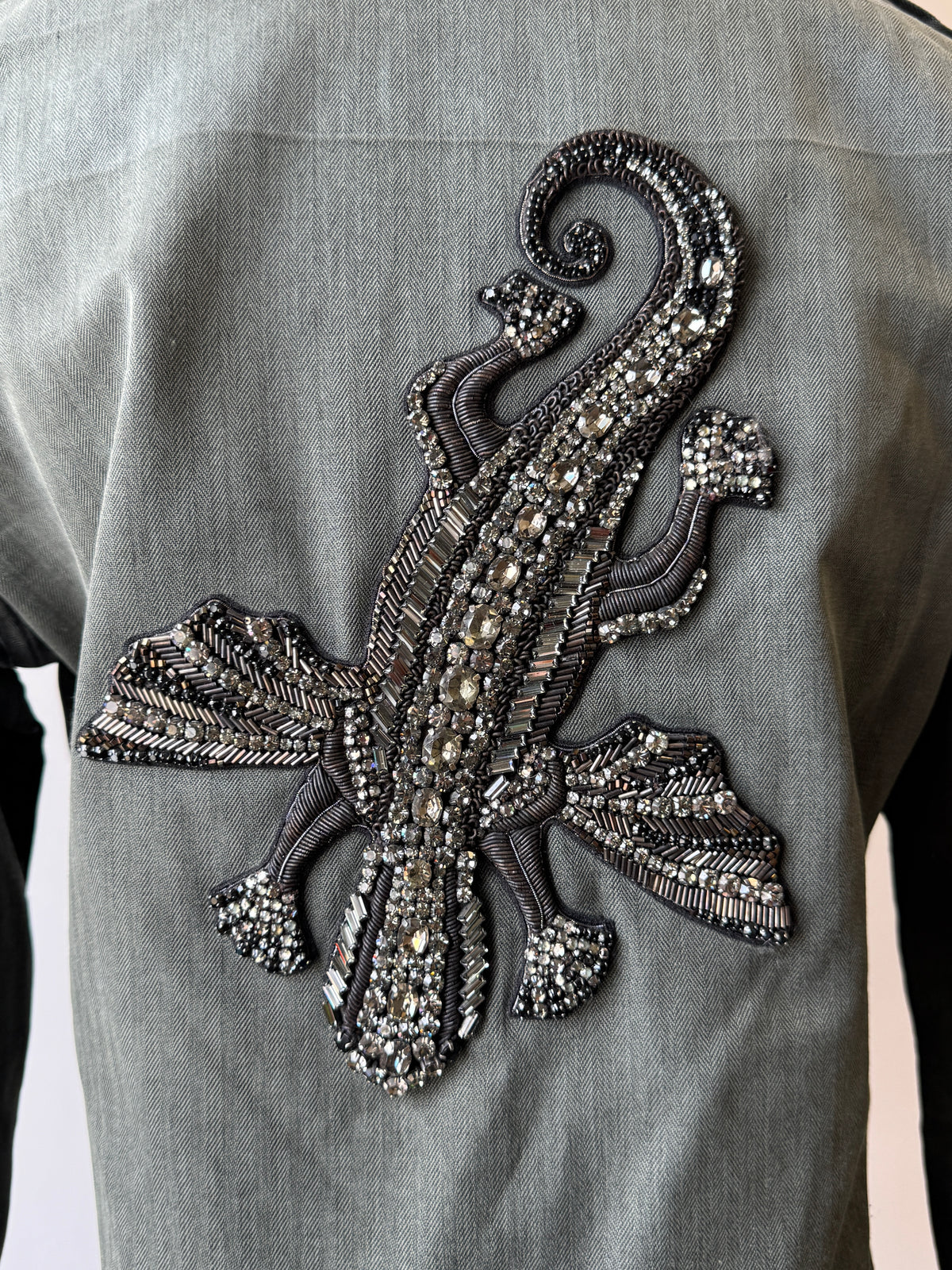 Figue Military-Inspired Embellished Shirt Jacket with Beaded Lizard Back