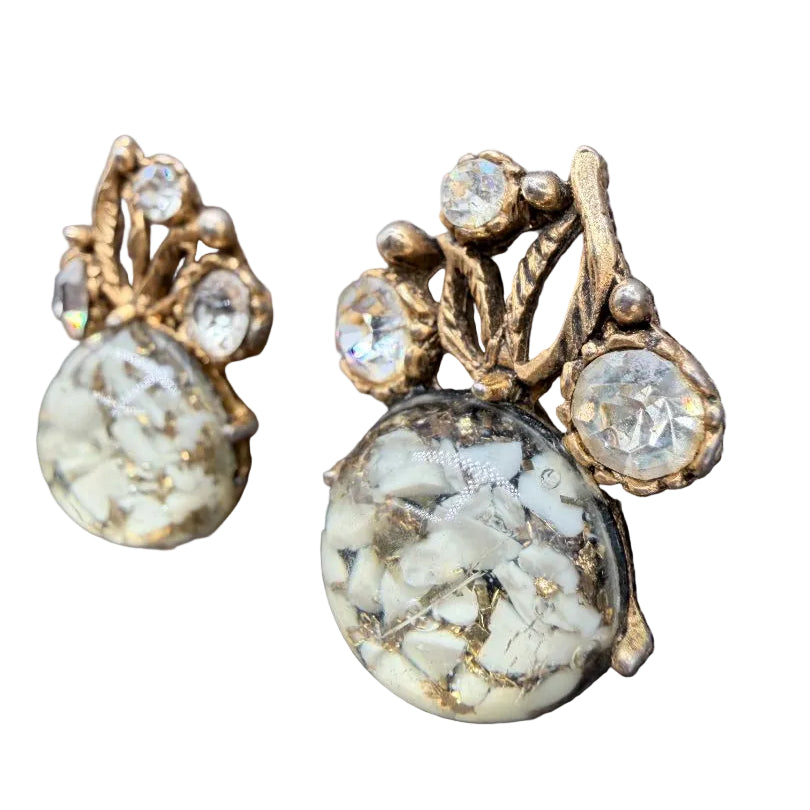 1950s Gripox Gold-Tone & White Rhinestone Clip-On Earrings