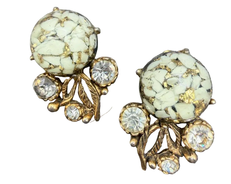 1950s Gripox Gold-Tone & White Rhinestone Clip-On Earrings