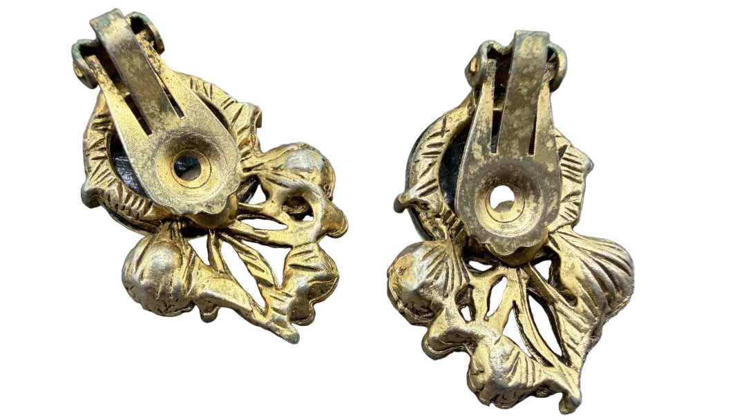 1950s Gripox Gold-Tone & White Rhinestone Clip-On Earrings