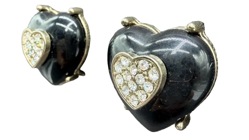 1960s Gold-Tone Black Enamel Bubble Heart Brooch with Pavé Rhinestones