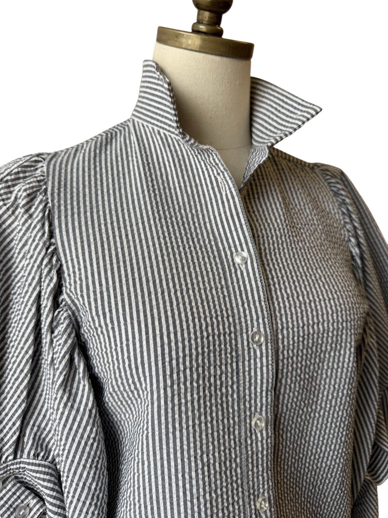 2 Rych Button-Front Seersucker Blouse with Balloon Sleeves