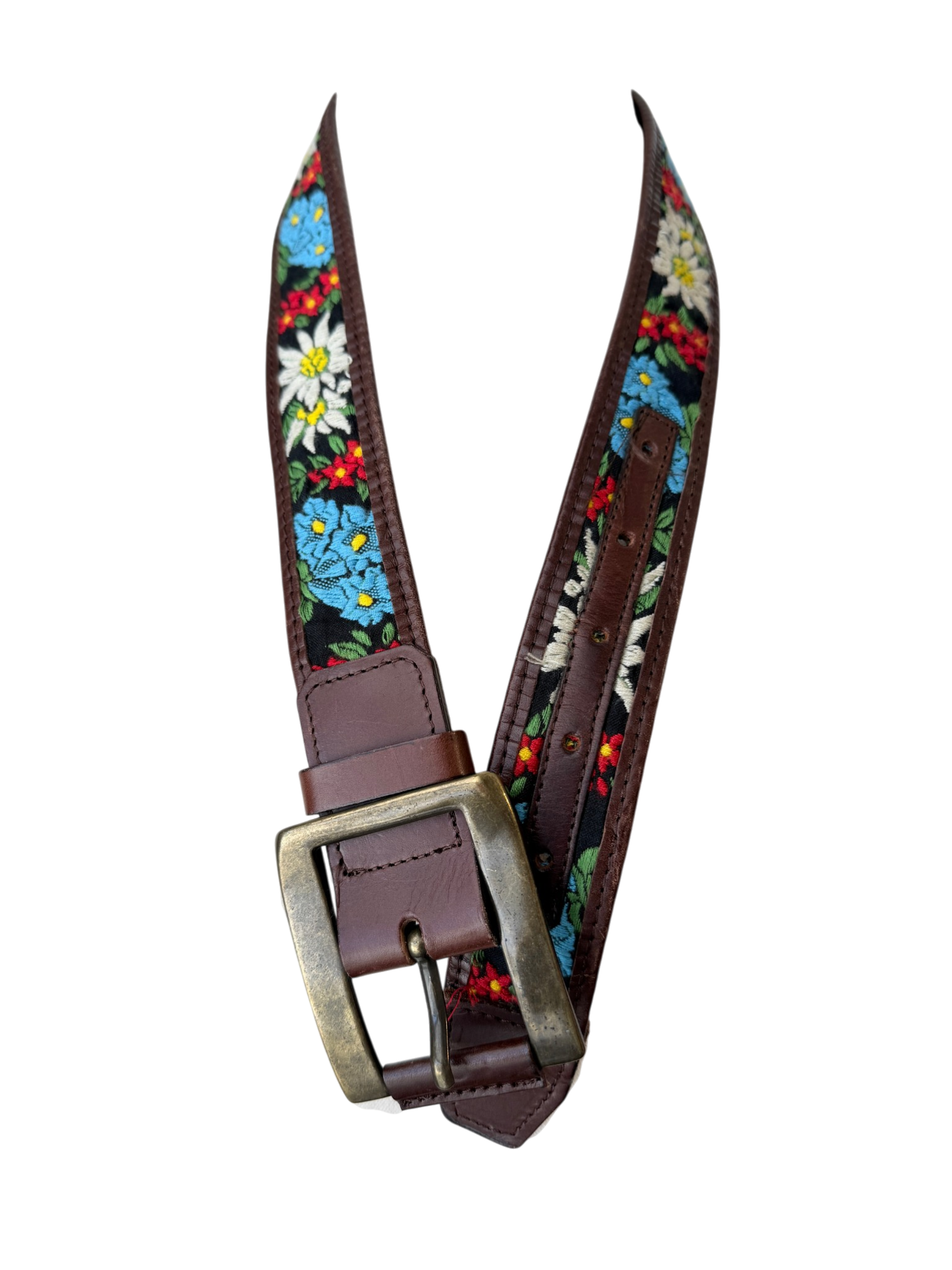 Dolce & Gabbana Brown Leather Belt with Floral Embroidery Band and Brass Buckle