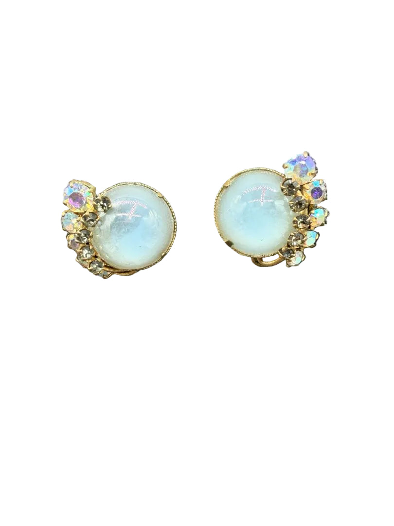 1940s Gold-Tone Moonglow Glass & Aurora Borealis Rhinestone Clip Earrings