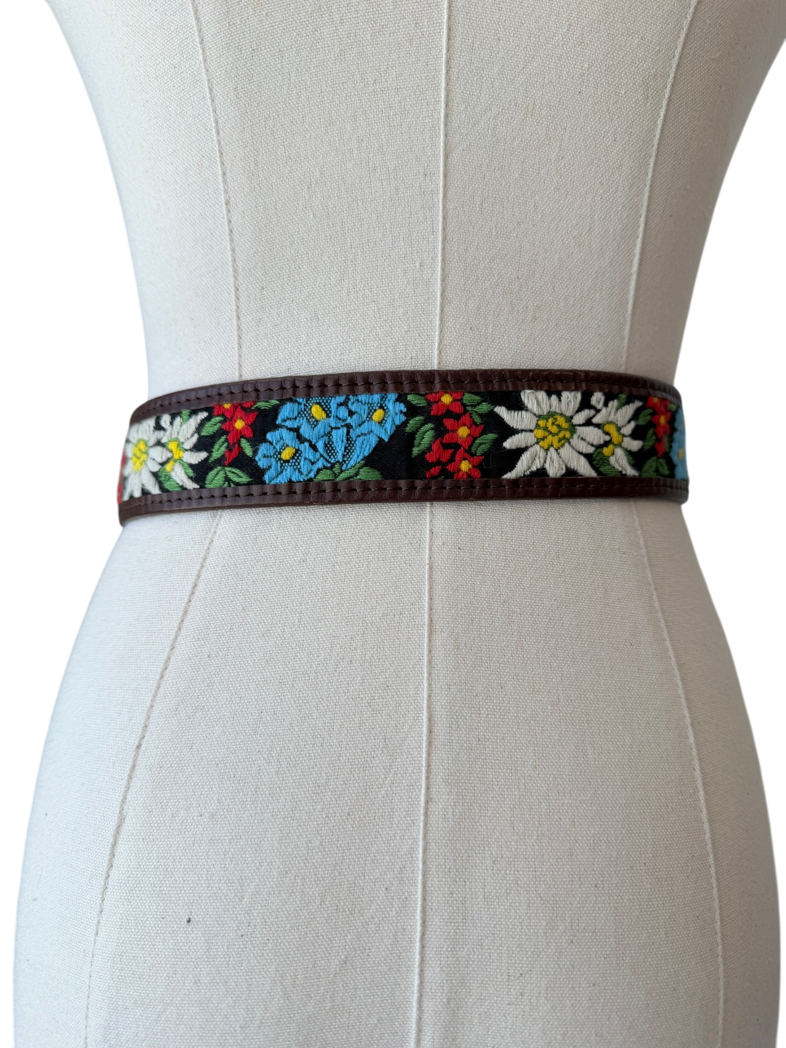 Dolce & Gabbana Brown Leather Belt with Floral Embroidery Band and Brass Buckle
