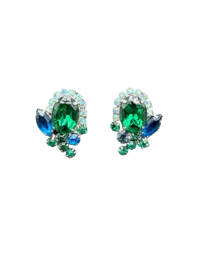 1950s Blue & Green Rhinestone Cluster Clip Earrings