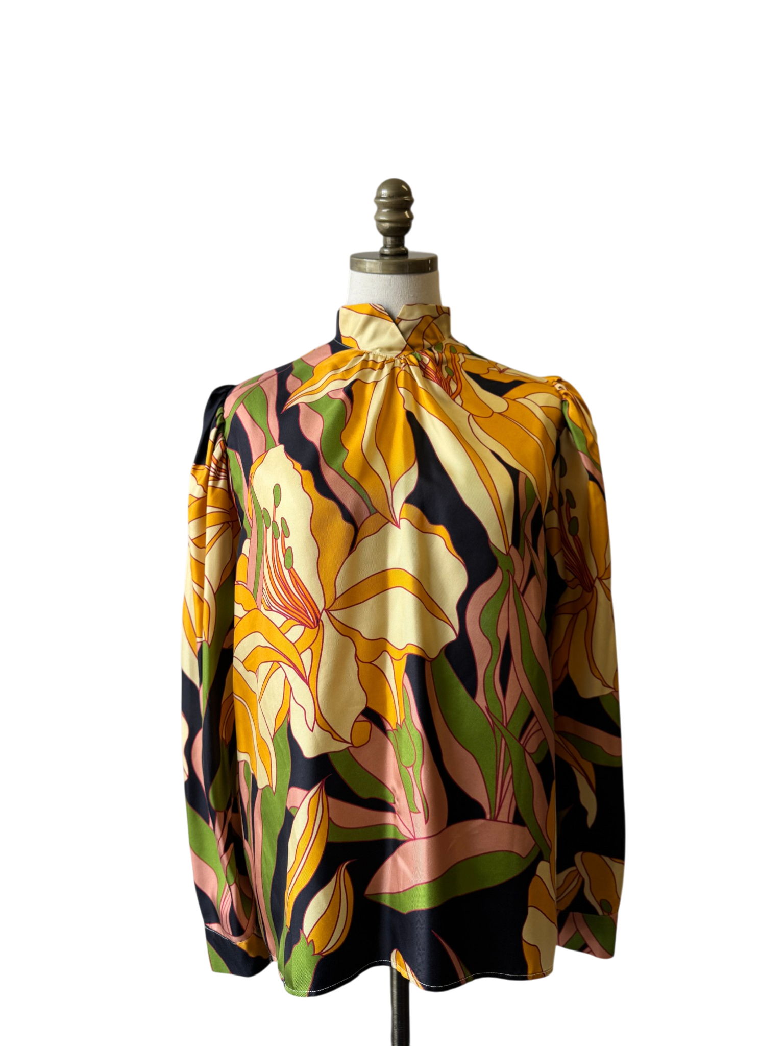 La Prestic Ouiston Silk Printed Blouse with Mandarin Collar and back buttons